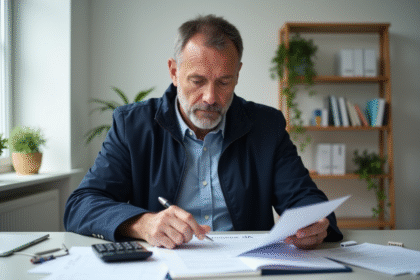 Homme d'âge moyen vérifiant un formulaire d'assurance voiture