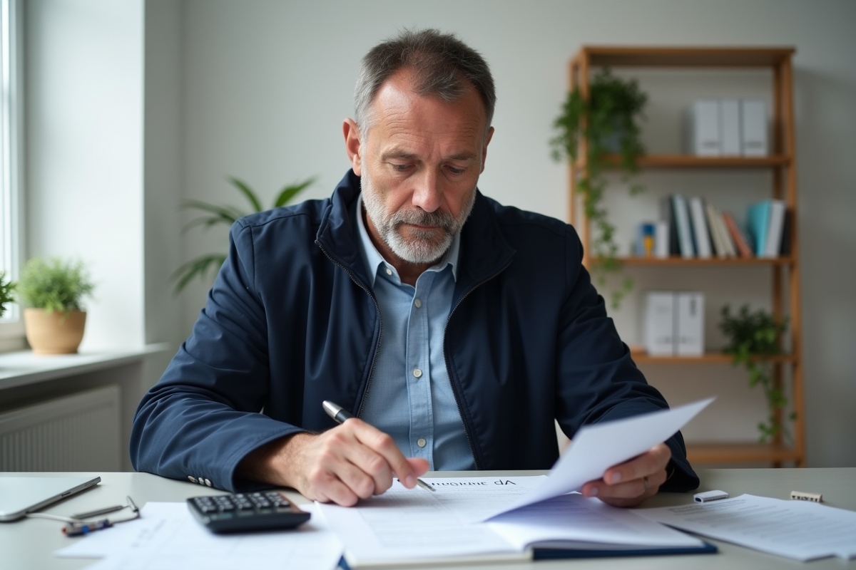 Homme d'âge moyen vérifiant un formulaire d'assurance voiture