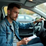 Homme dans une voiture moderne avec tableau de bord et code