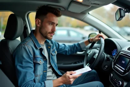 Homme dans une voiture moderne avec tableau de bord et code