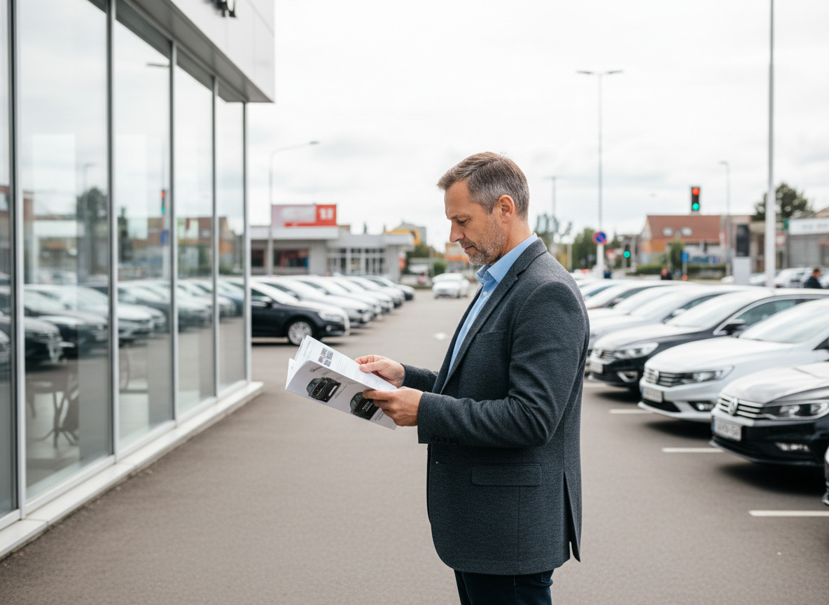 Homme d age moyen consulte brochures auto devant concession