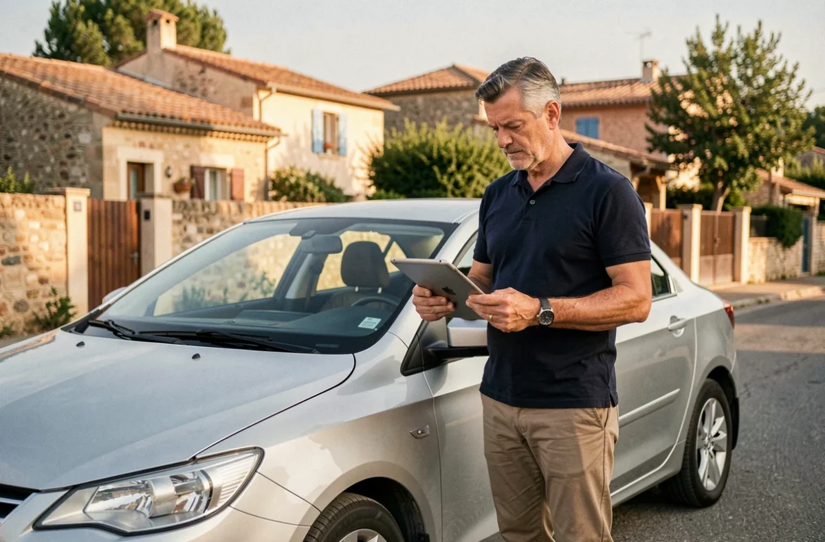 Homme debout près de sa voiture dans une rue d'Auch, consultant une offre d'assurance auto sur tablette