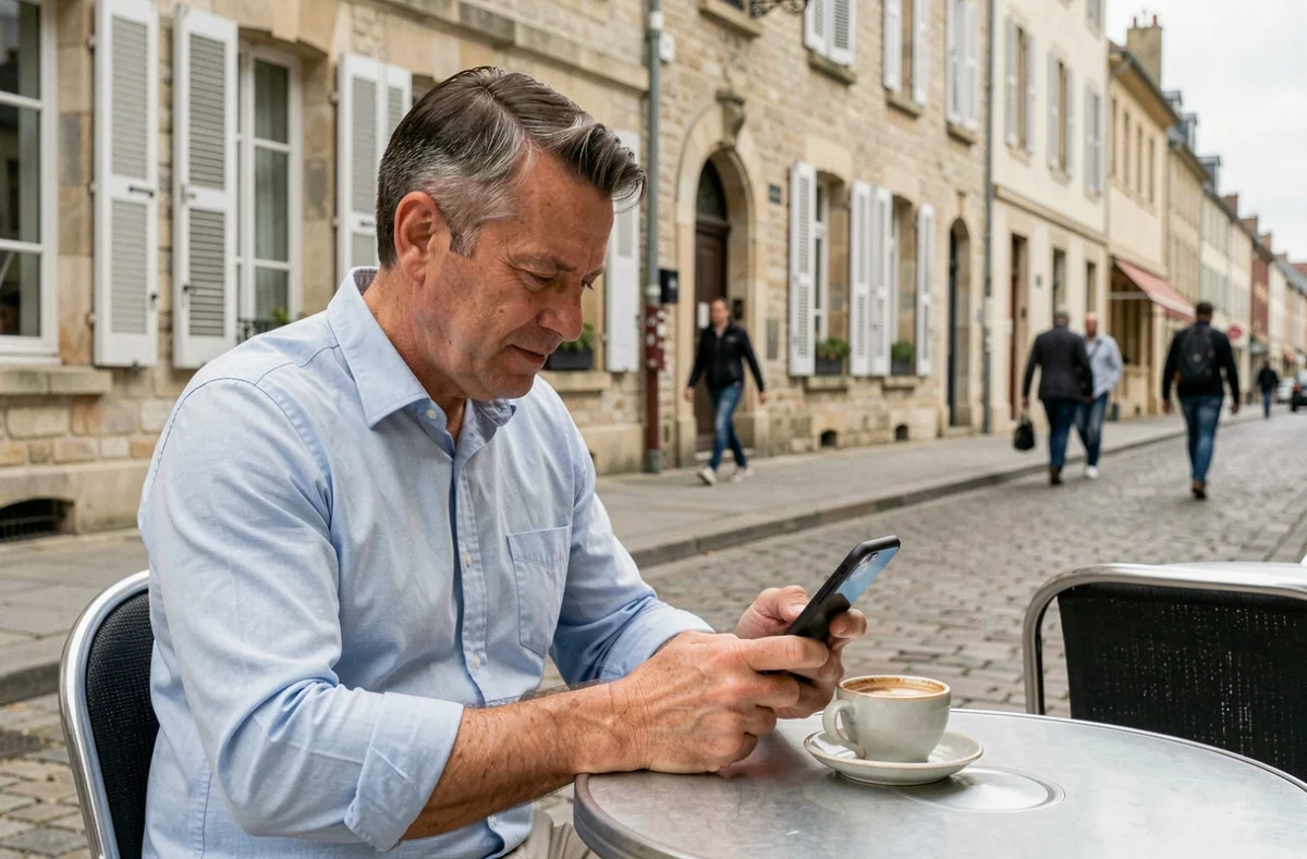 Homme comparant des devis d'assurance moto sur smartphone en terrasse de café à Poitiers