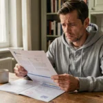 Homme inquiet consultant des documents d'assurance résiliés pour non-paiement à une table de cuisine