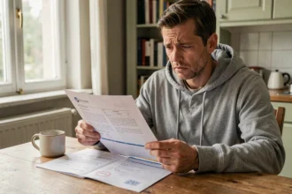 Homme inquiet consultant des documents d'assurance résiliés pour non-paiement à une table de cuisine