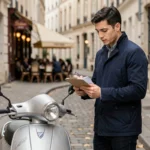 Jeune homme consultant des documents d'assurance à côté d'un scooter 125cc garé en ville