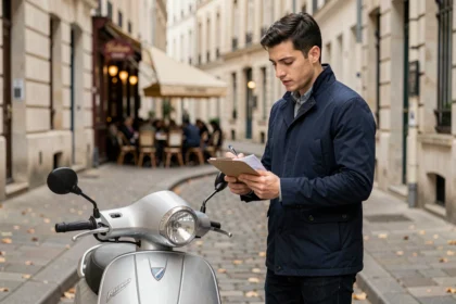 Jeune homme consultant des documents d'assurance à côté d'un scooter 125cc garé en ville