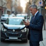 Homme inquiet en costume près d'une voiture endommagée