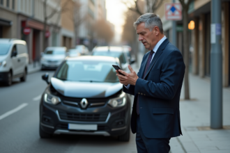 Homme inquiet en costume près d'une voiture endommagée