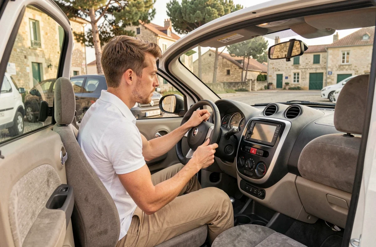 Jeune homme examinant l'intérieur d'une voiture sans permis d'occasion à Dax