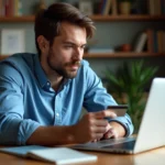 Homme pensif utilisant son ordinateur et sa carte bancaire à la maison