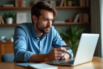 Homme pensif utilisant son ordinateur et sa carte bancaire à la maison