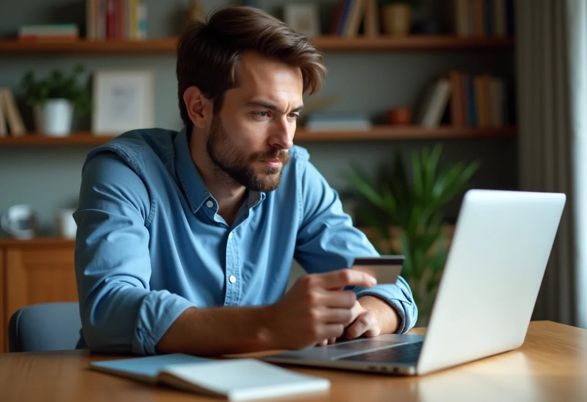 Homme pensif utilisant son ordinateur et sa carte bancaire à la maison
