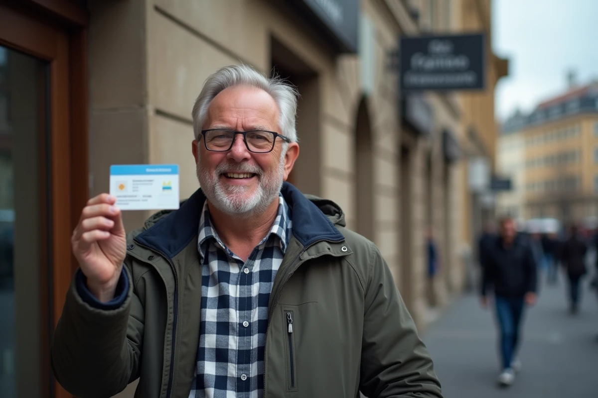 Homme souriant tenant sa licence de conduire devant la préfecture