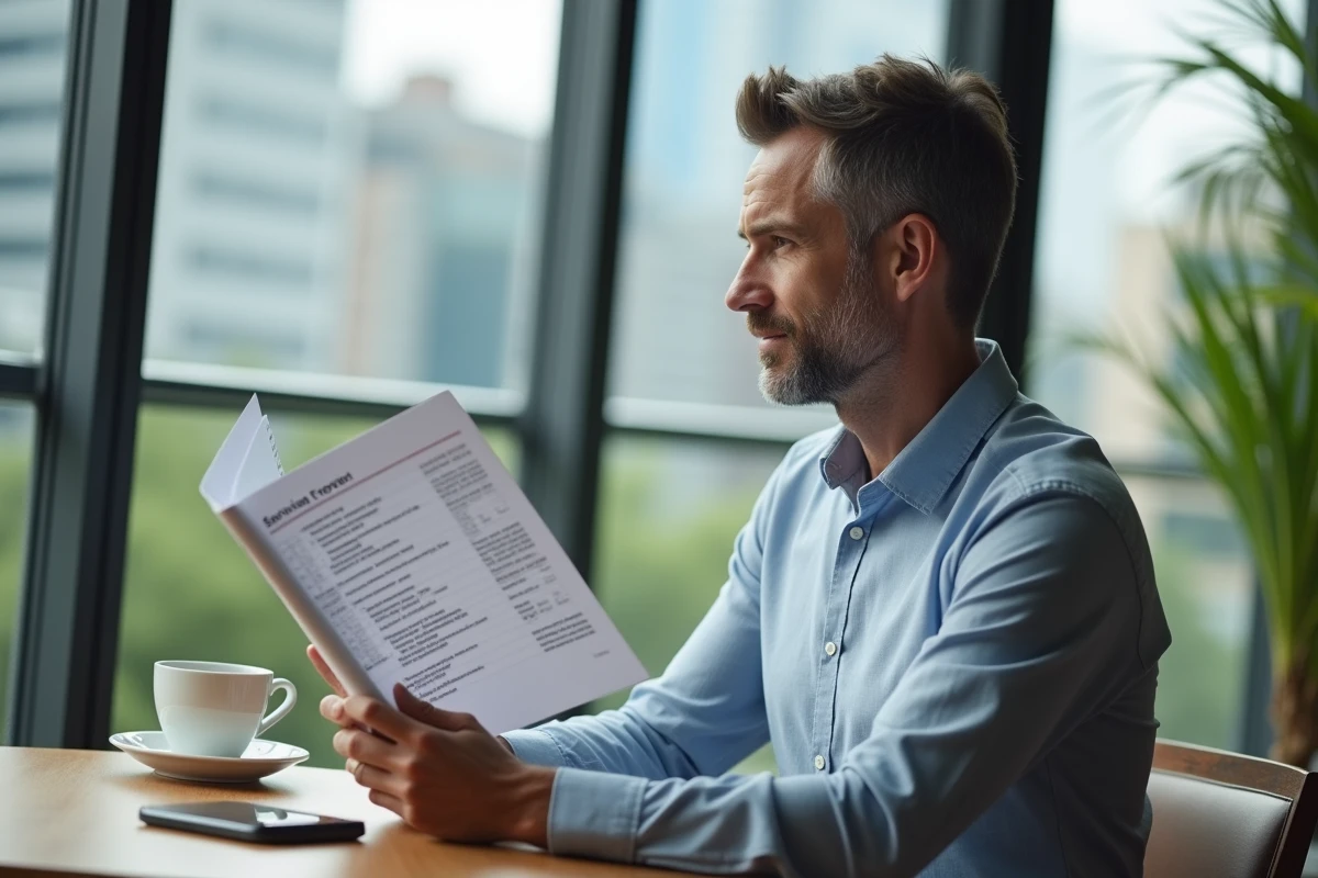 Homme lisant une brochure dans un café urbain