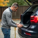 Homme mesurant la profondeur du coffre d'une voiture