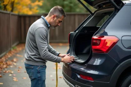 Homme mesurant la profondeur du coffre d'une voiture
