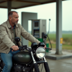 Homme vérifiant le niveau de carburant de sa moto à la station