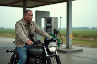 Homme vérifiant le niveau de carburant de sa moto à la station
