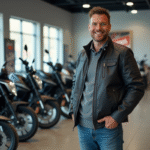 Homme souriant devant motos neuves en showroom