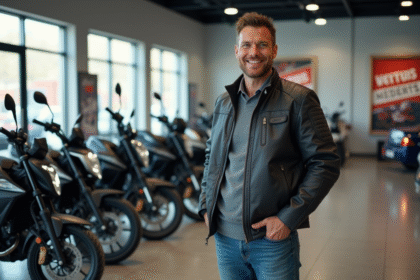 Homme souriant devant motos neuves en showroom