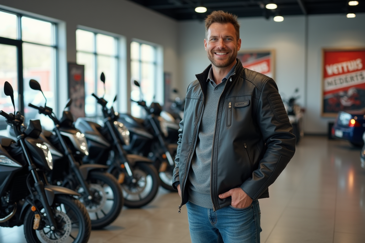 Homme souriant devant motos neuves en showroom