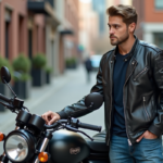 Homme en veste de moto examine une moto en ville
