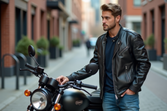 Homme en veste de moto examine une moto en ville