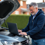 Homme d'âge moyen avec hoodie consulte un ordinateur sur une voiture