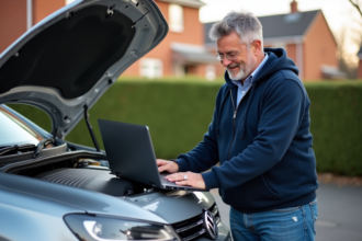 Homme d'âge moyen avec hoodie consulte un ordinateur sur une voiture