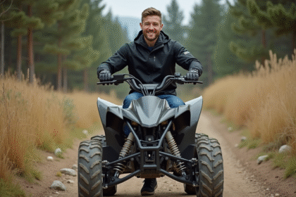 Homme souriant en quad tout-terrain en pleine nature
