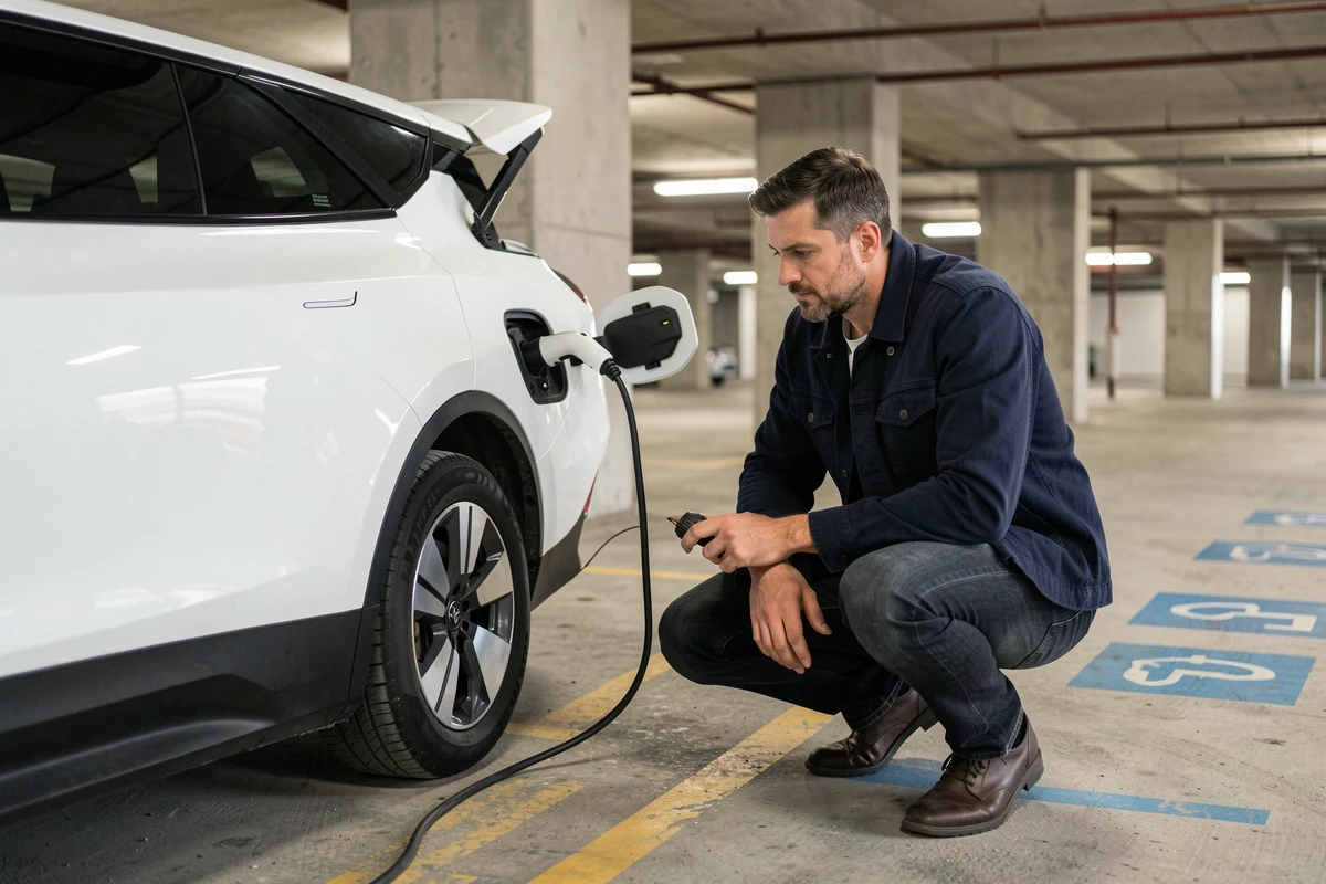 Homme branchant sa voiture électrique sur une borne de recharge dans un parking couvert à Valence