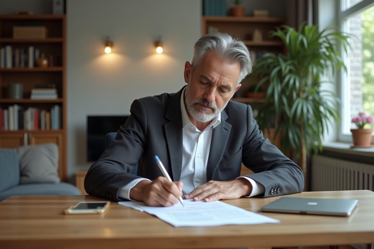 Homme en costume remplissant des papiers dans un salon