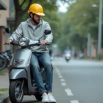 Homme en scooter 50cc sans permis stationné sur un trottoir résidentiel, portant un casque jaune et une veste grise