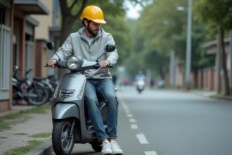 Homme en scooter 50cc sans permis stationné sur un trottoir résidentiel, portant un casque jaune et une veste grise