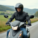 Homme en casque moderne sur scooter MP3 400 en campagne