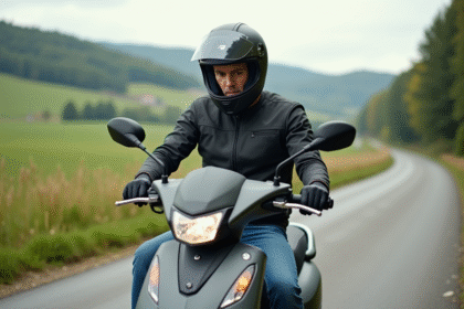 Homme en casque moderne sur scooter MP3 400 en campagne