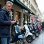 Homme en parka regardant un scooter moderne à Paris