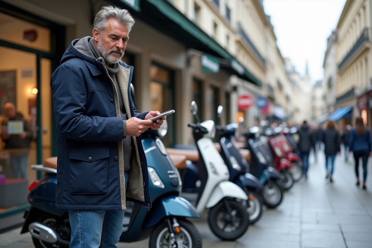 Homme en parka regardant un scooter moderne à Paris