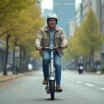 Homme d'âge moyen en scooter dans une ville moderne