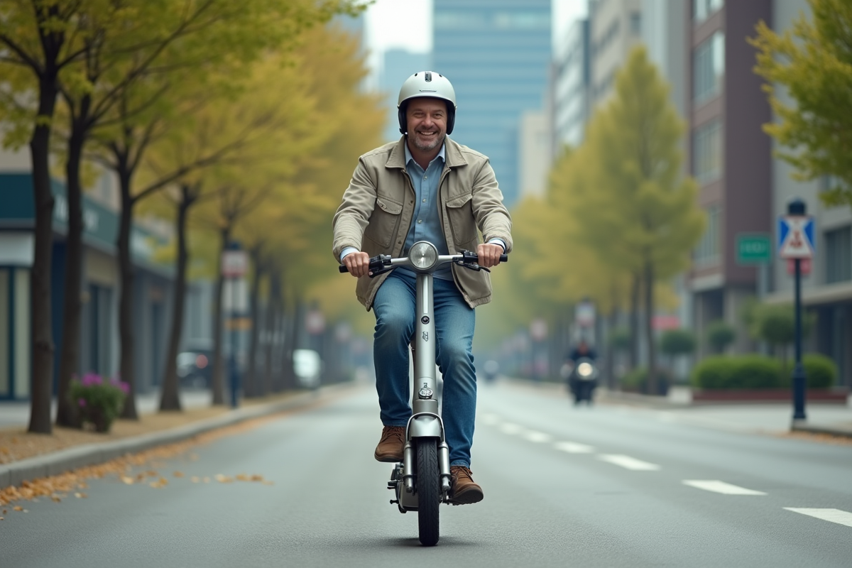 Homme d'âge moyen en scooter dans une ville moderne