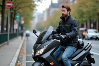 Homme en veste noire sur scooter Yamaha TMax en ville