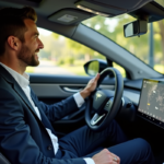 Homme en blazer dans une voiture électrique luxueuse