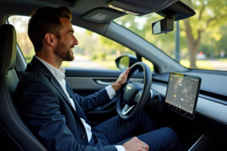 Homme en blazer dans une voiture électrique luxueuse