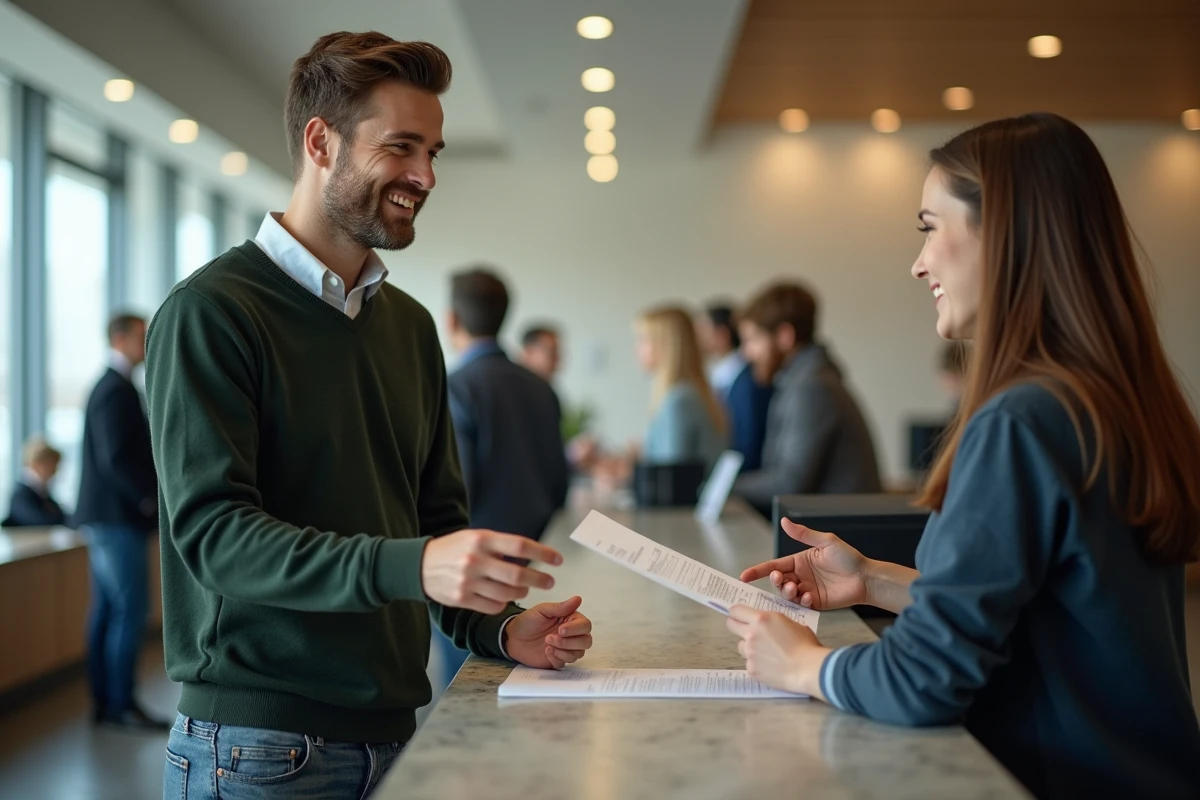 Jeune homme remettant un formulaire à un agent à la mairie
