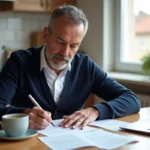 Homme français signant un certificat de cession à la maison