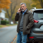 Homme d'âge moyen avec SUV stationné sur route résidentielle