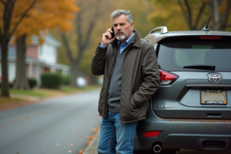 Homme d'âge moyen avec SUV stationné sur route résidentielle