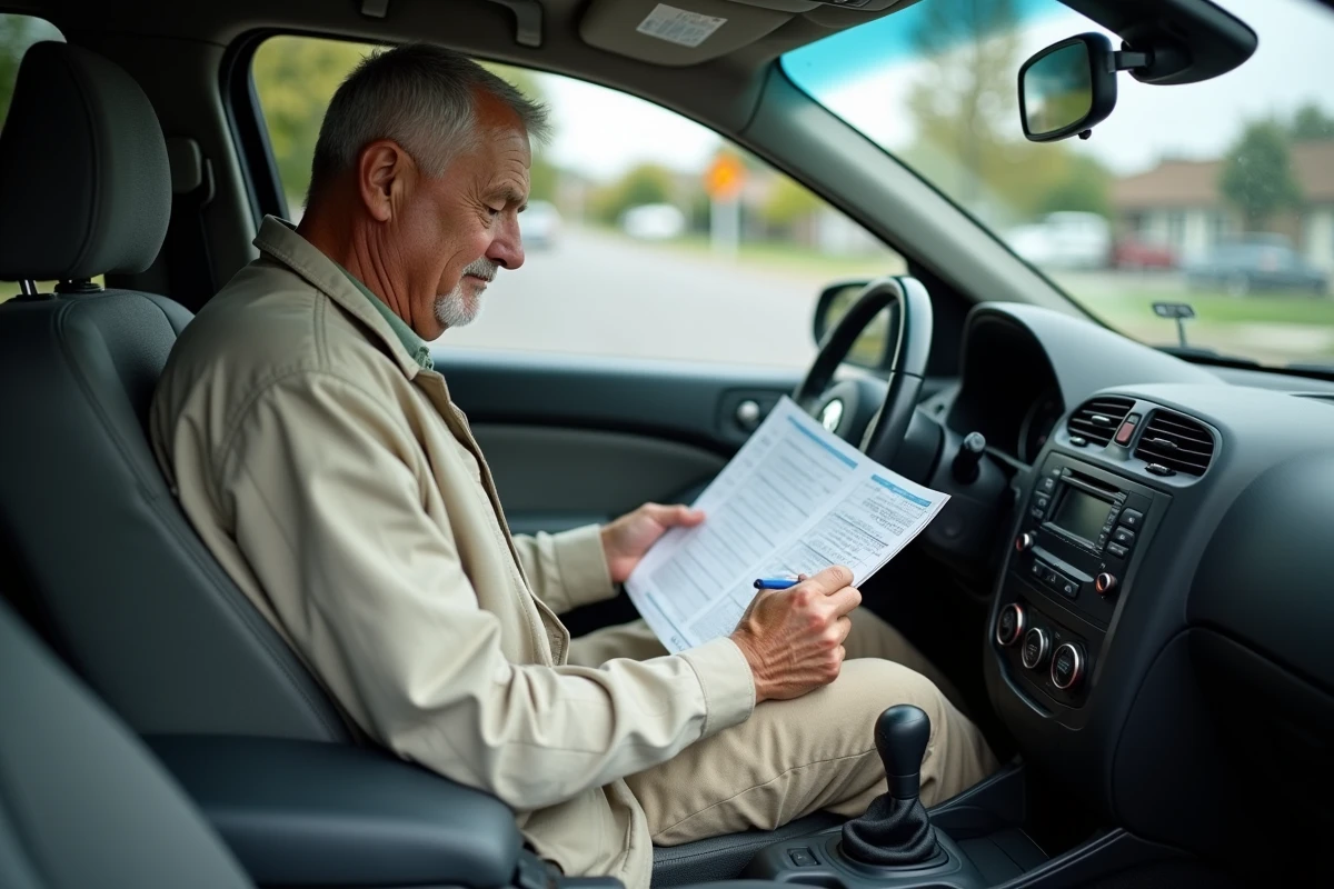 Homme dans sa voiture vérifiant une fiche de consommation de carburant