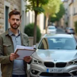Homme vérifiant l'immatriculation d'une voiture en rue française